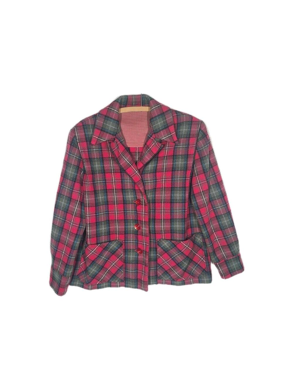 Vtg 50s Wool 49er Jacket Shadow Plaid Hand Detailed L White Stripe Red Button